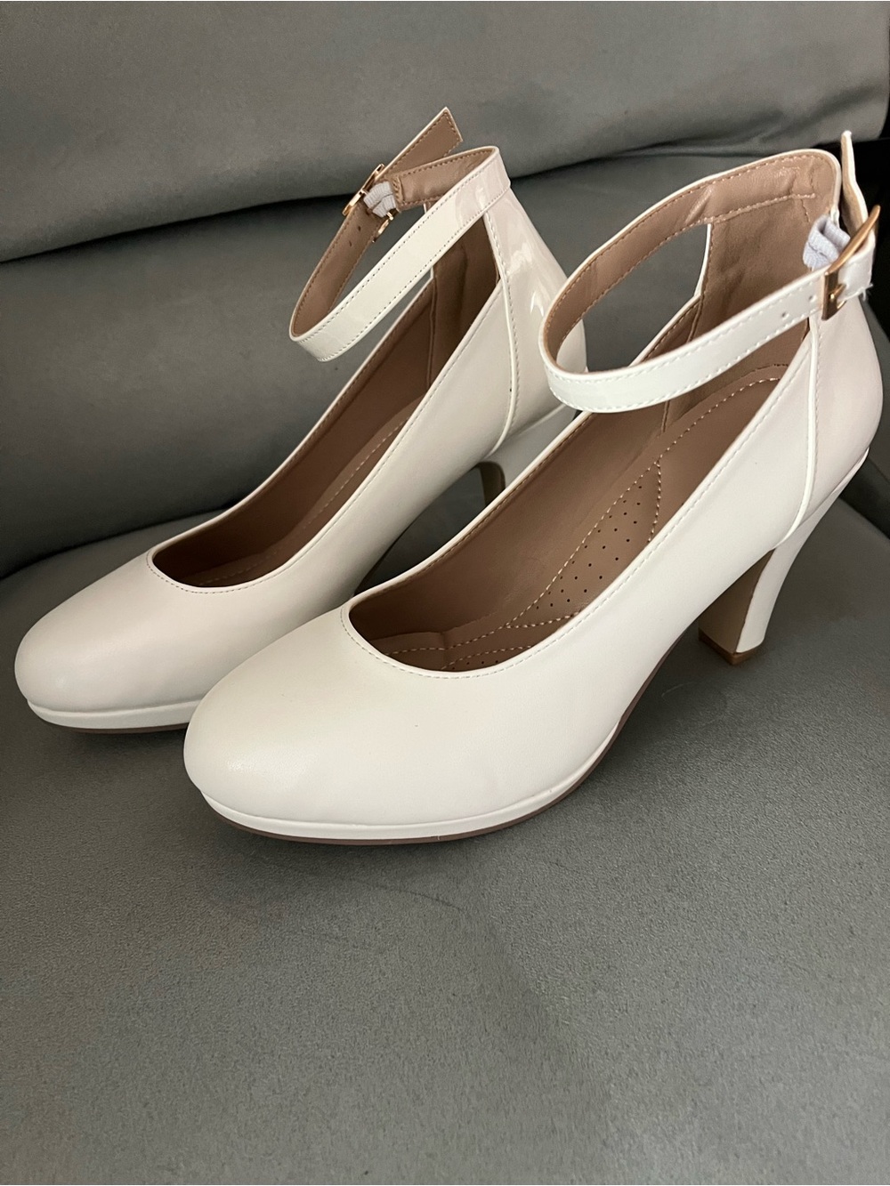 New white ankle strap block heels